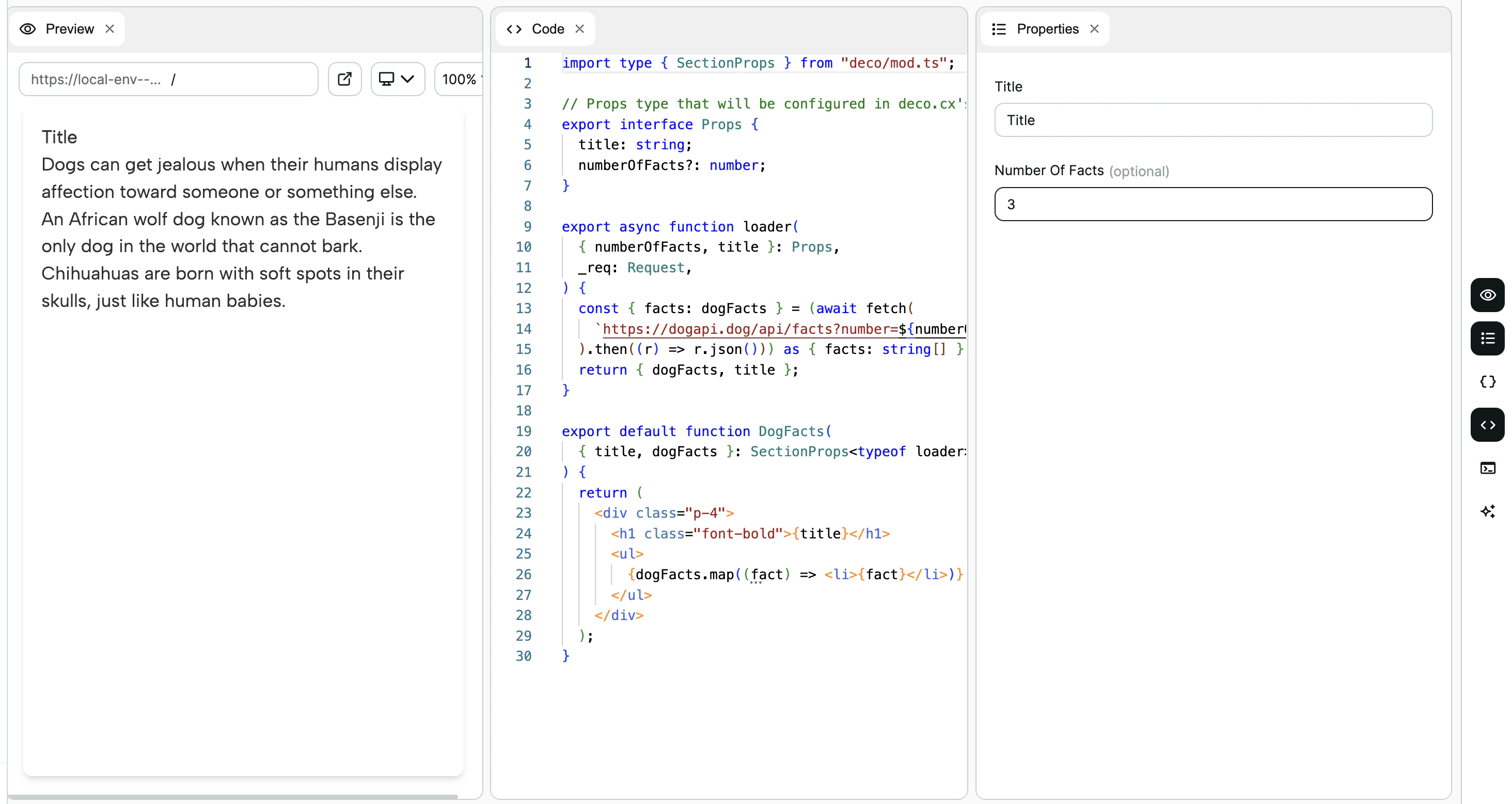 DogFacts Section rendering data fetched from the API