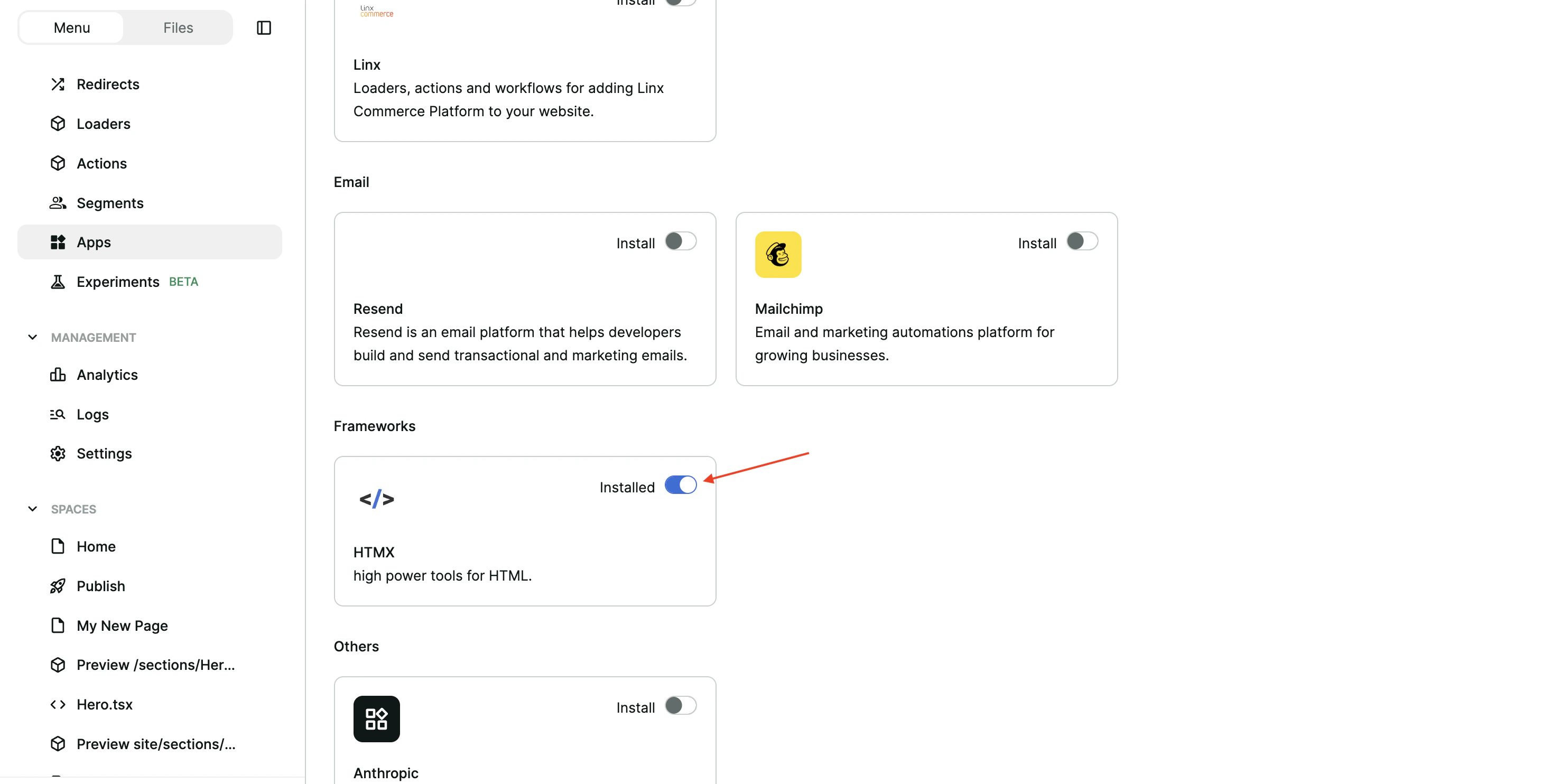 HTMX installation in the deco Admin