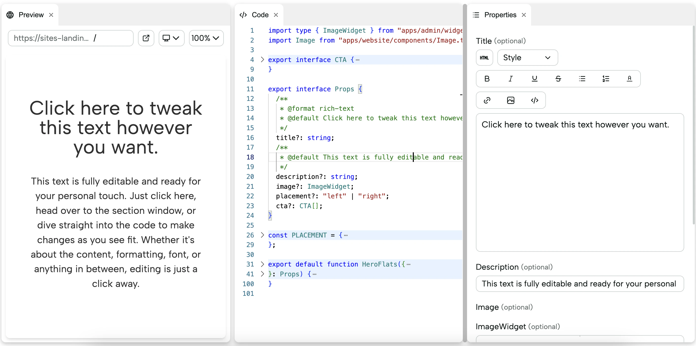 Editing properties of the Hero Section