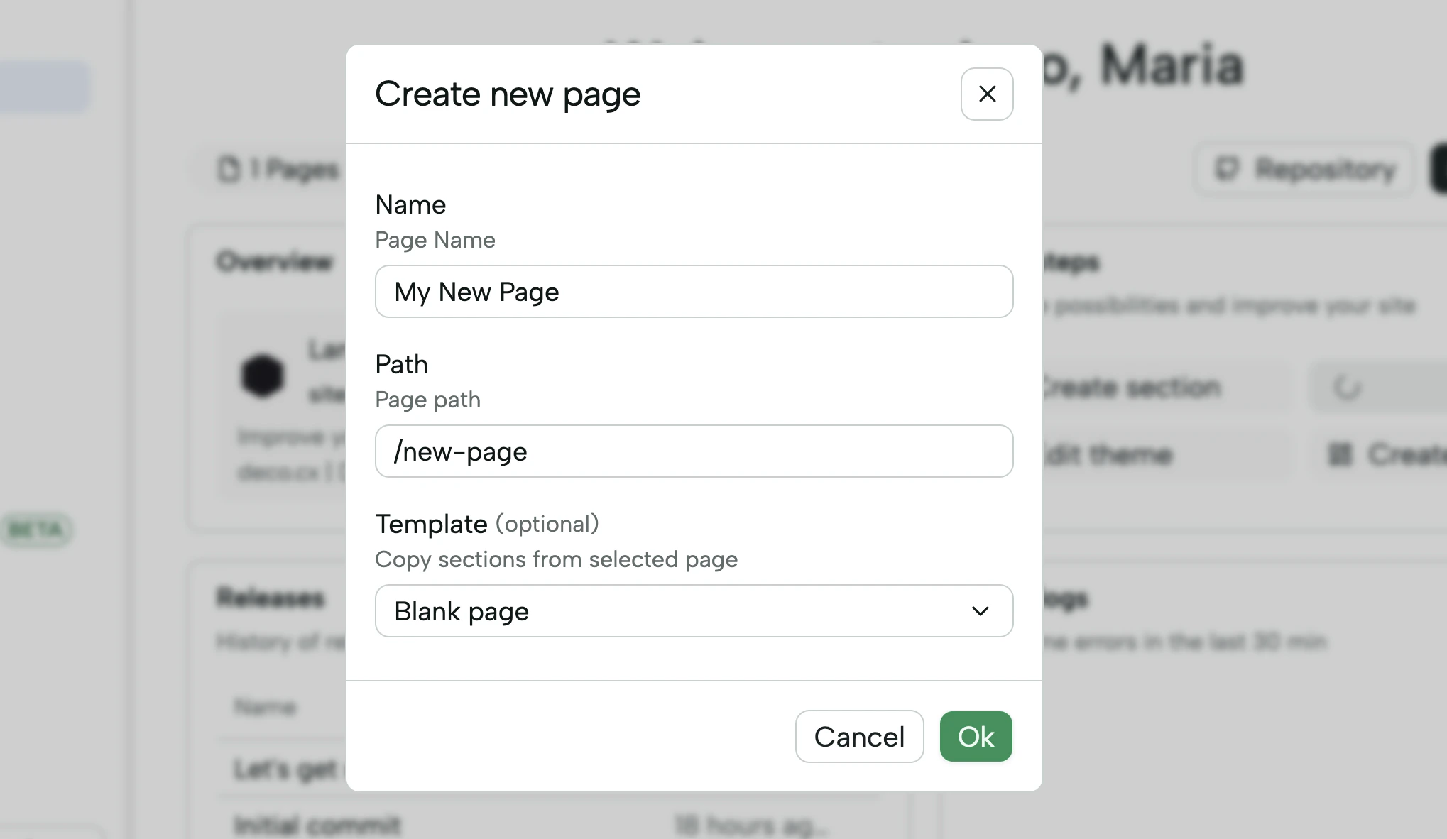 Creating a new page