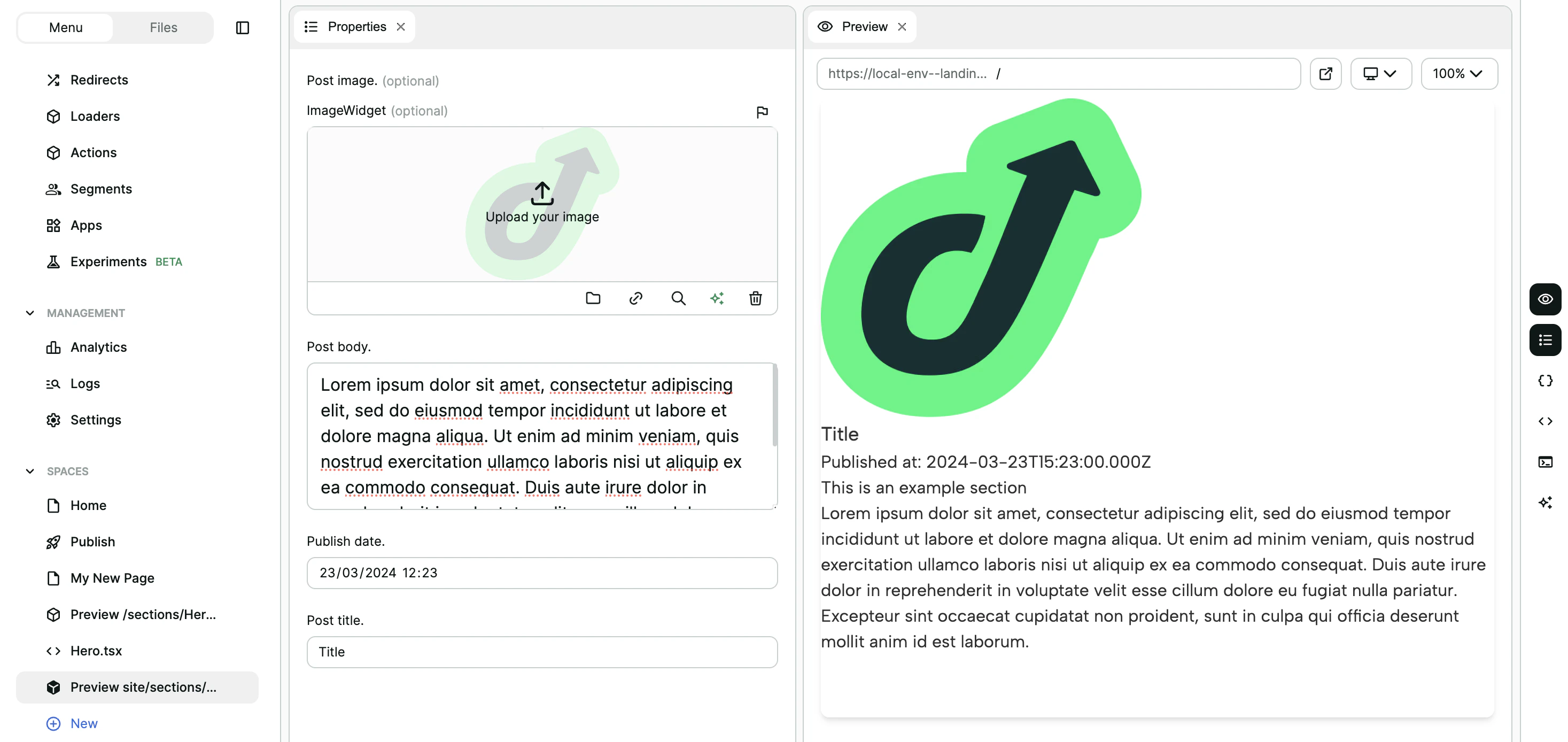 Section properties form in the admin