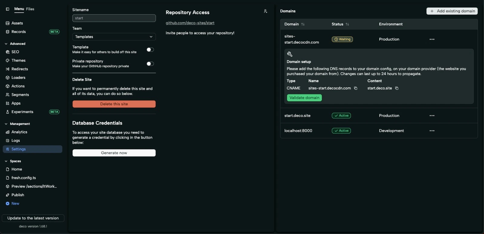 Visualização do botão de gerar credenciais