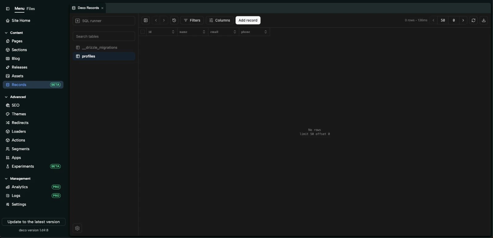 Visualização das tabelas do deco records