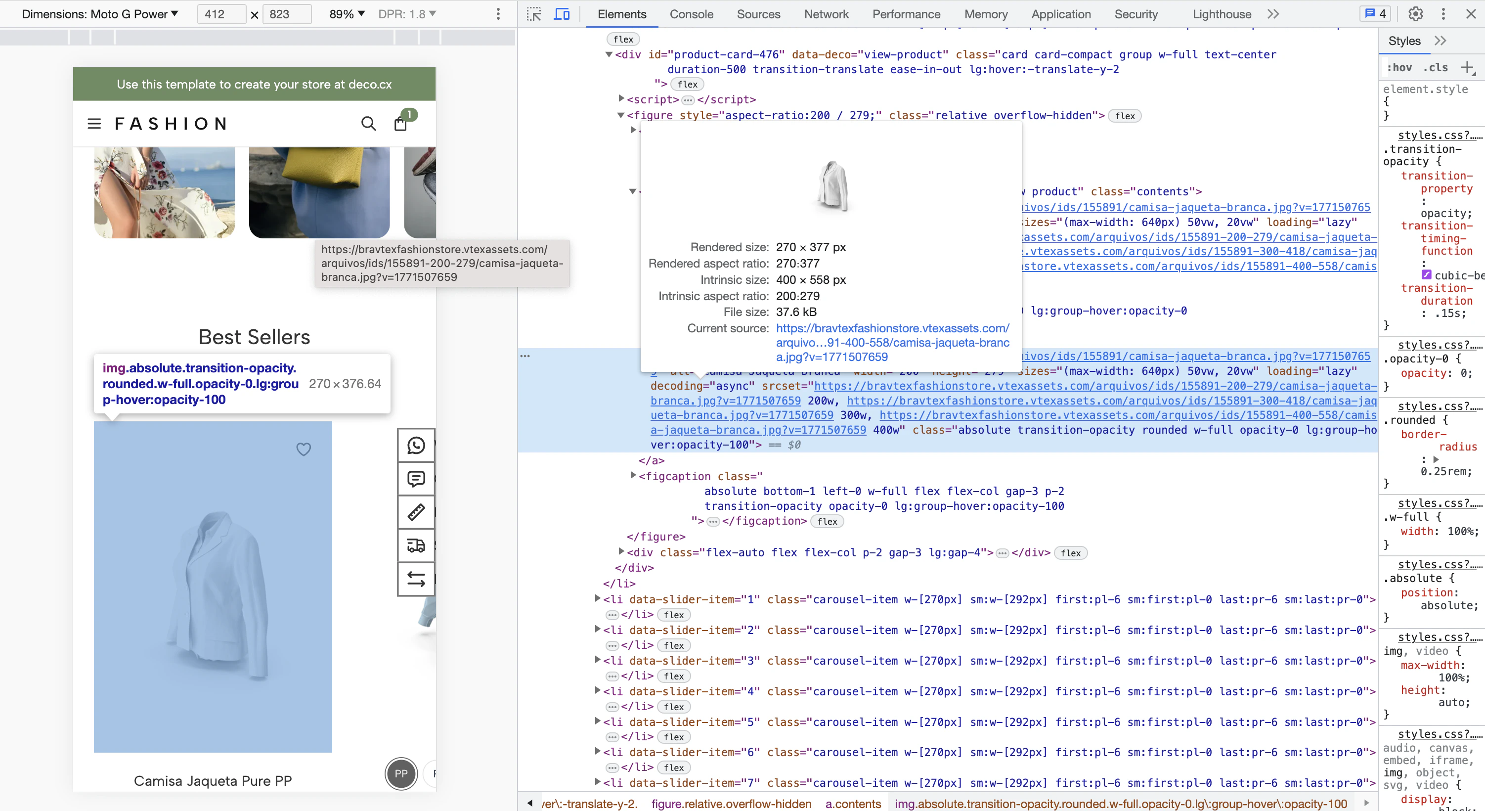 Image properties in the browser inspector