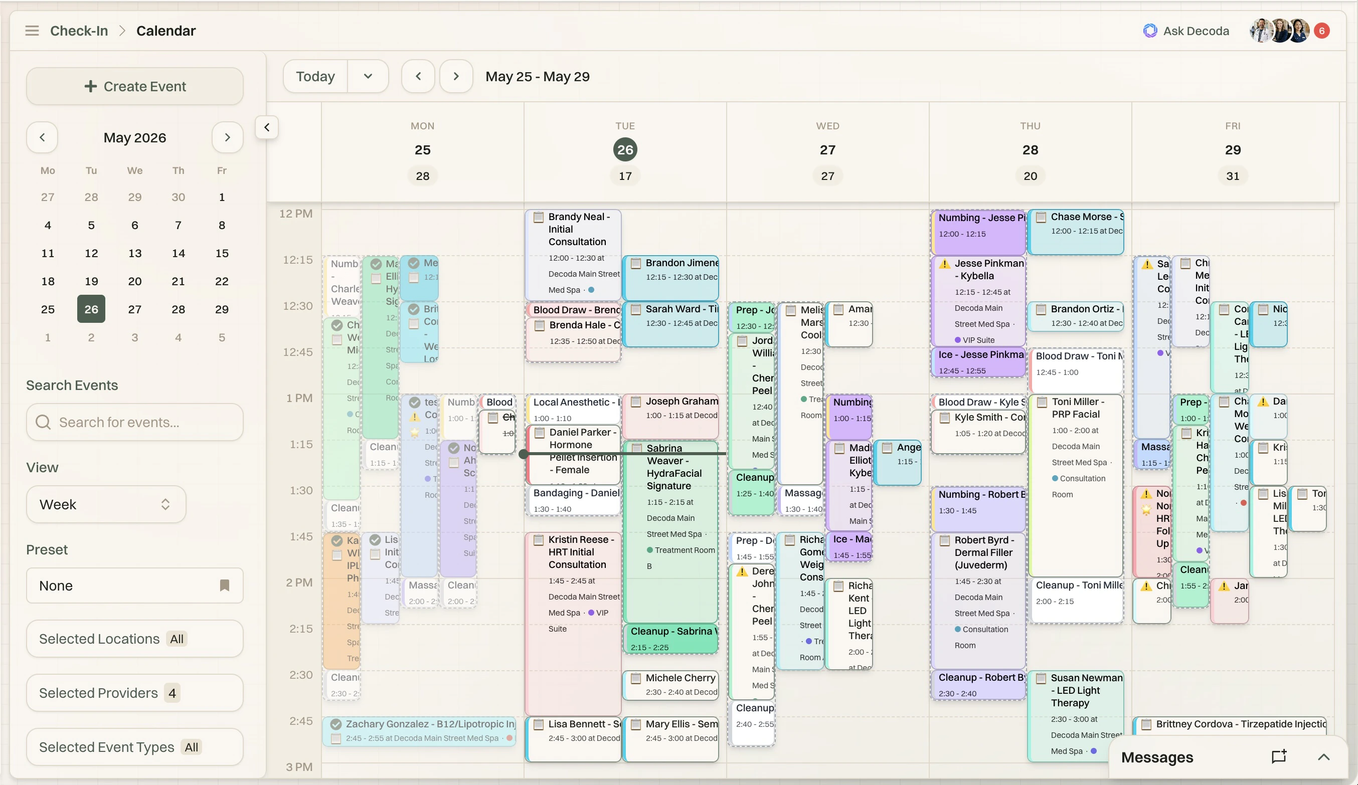 The Decoda calendar showing a week of clinic appointments