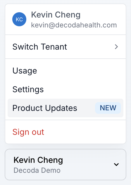 Profile menu showing settings and usage pages