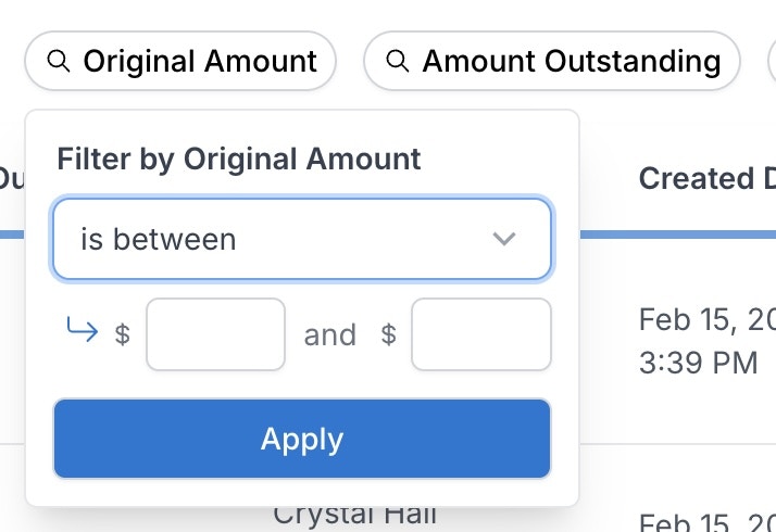 New amount filters showing range selection in financial tables