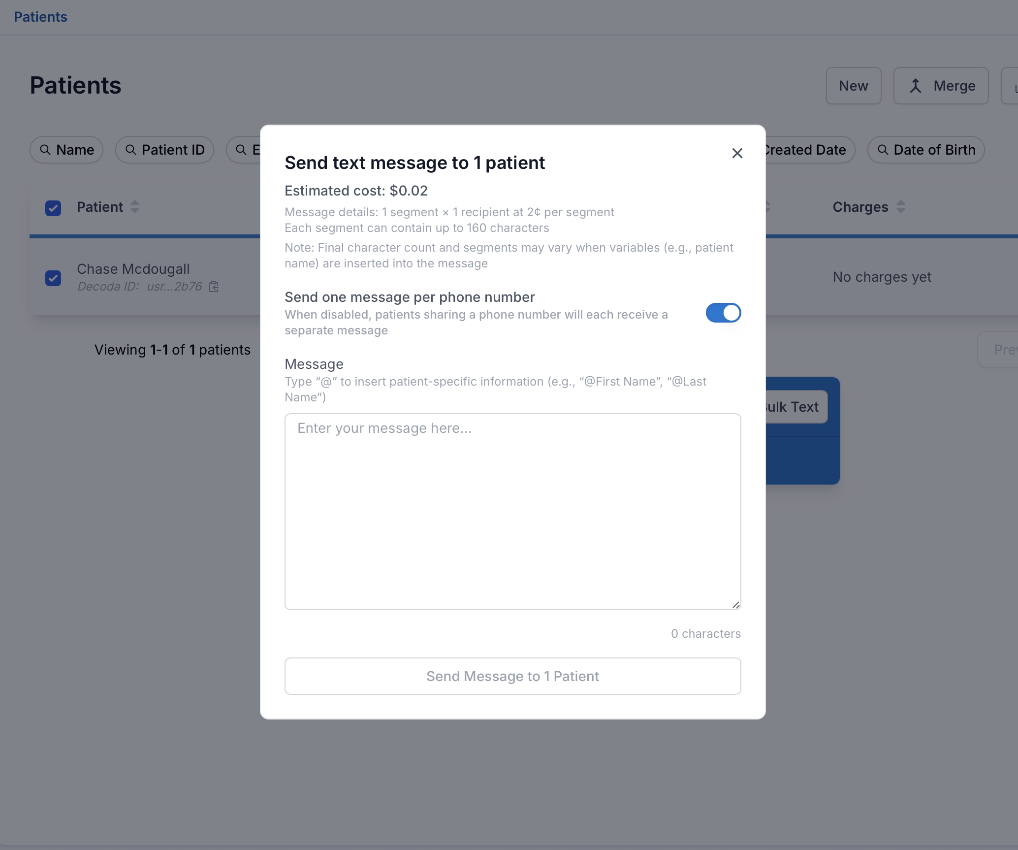 Bulk messaging interface showing message composition and cost estimation
