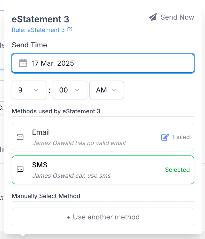 Calendar view showing scheduled future invoices with delivery methods