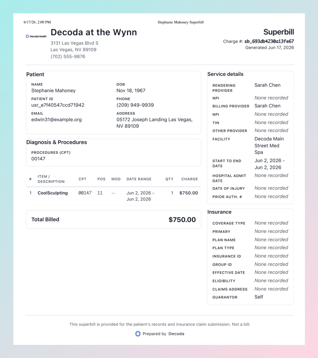 Printed Super Bill showing the clinic and patient details, a single procedure line with CPT code, place of service, and total billed, plus service and insurance details on the right.