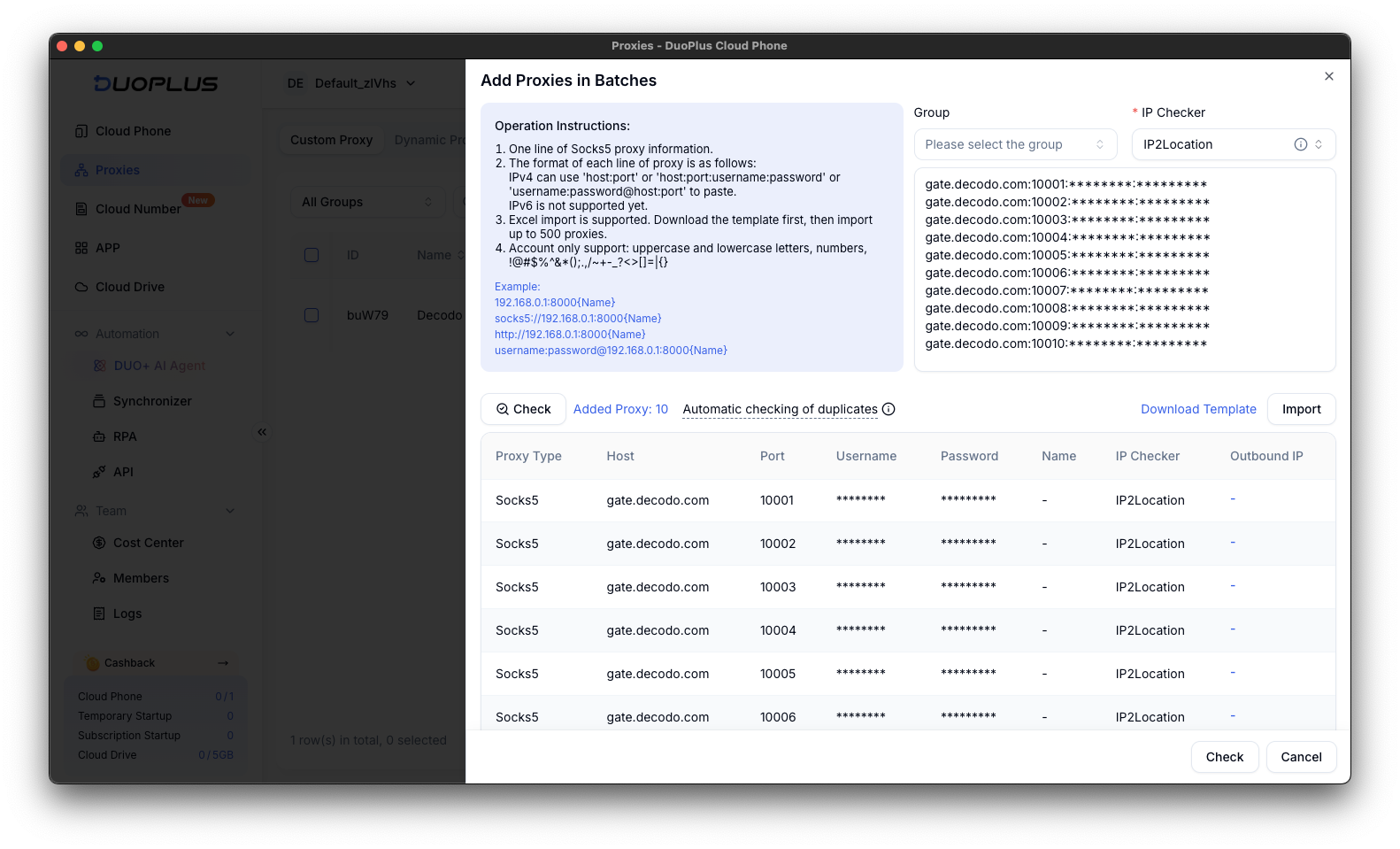 DuoPlus adding Decodo proxies in batches