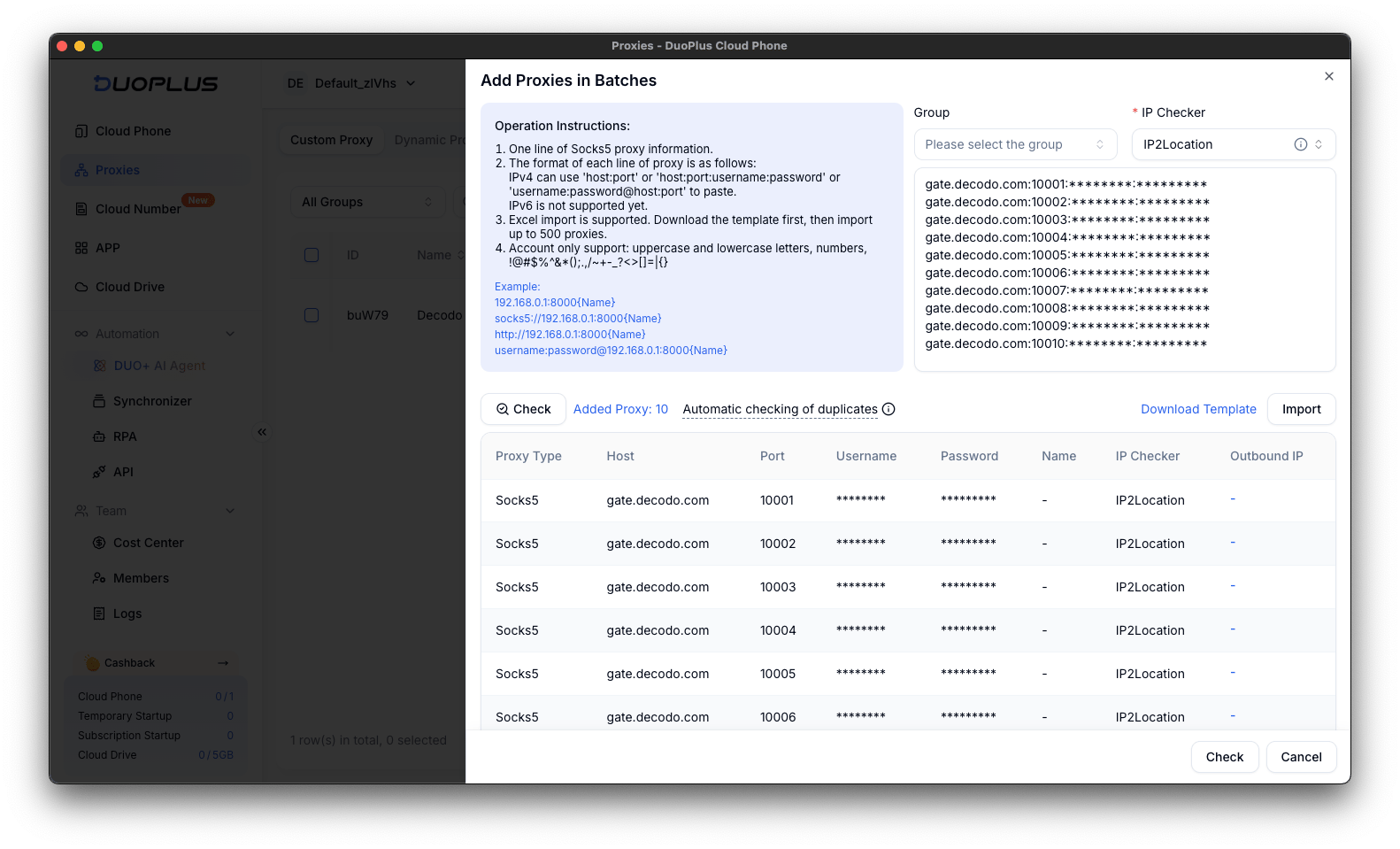 DuoPlus adding Decodo proxies in batches