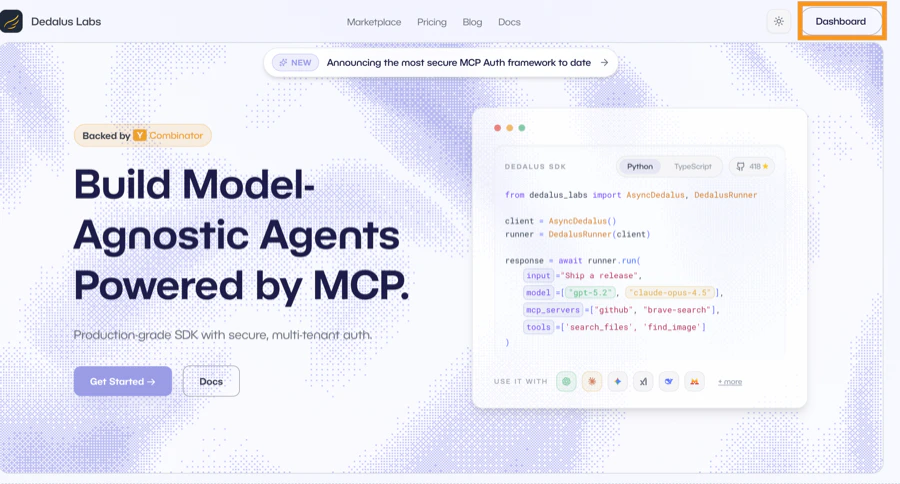 Dedalus homepage with Dashboard button