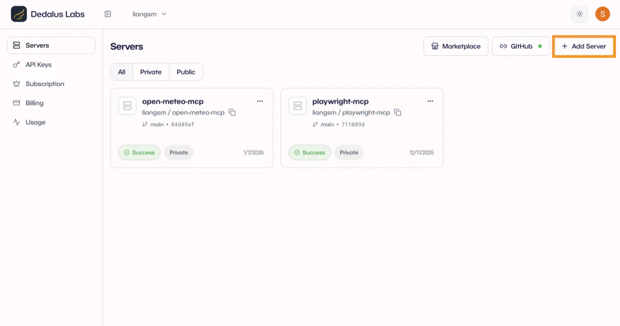 Servers page with Add Server button
