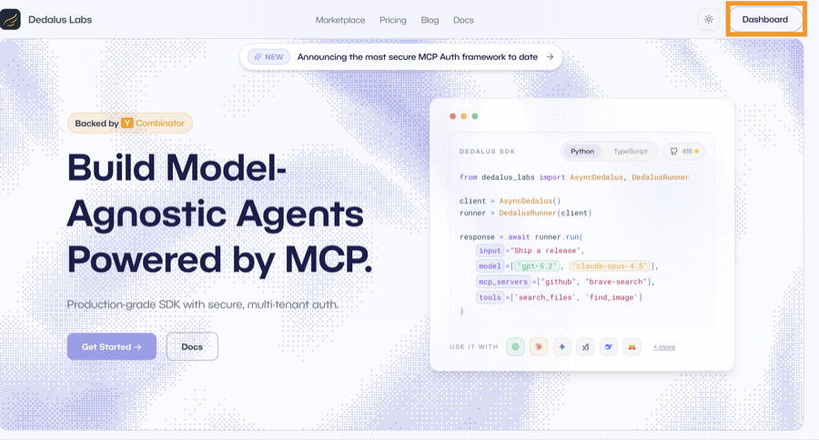 Dedalus homepage with Dashboard button