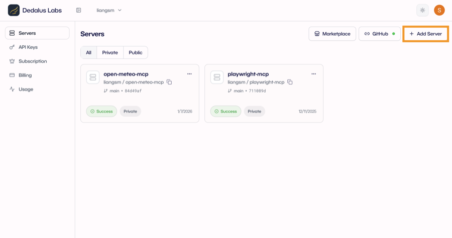Servers page with Add Server button