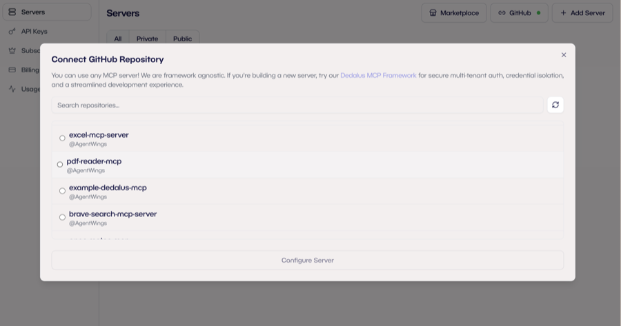 Connect GitHub repository modal