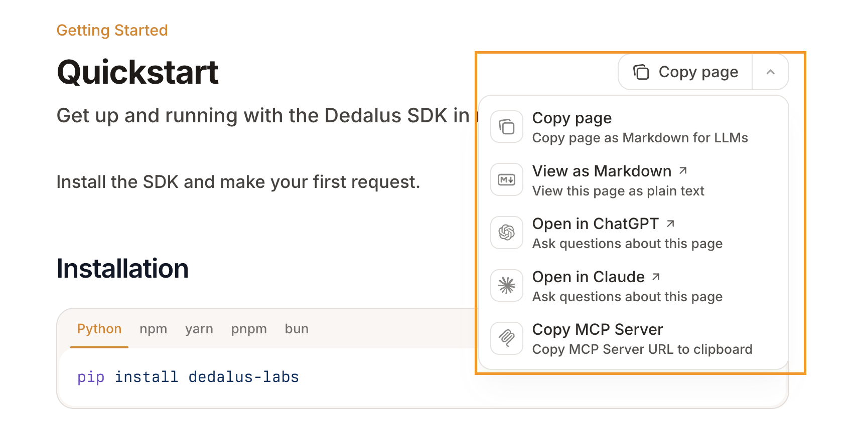 Quick access menu showing Copy page, View as Markdown, Open in ChatGPT, Open in Claude, and Copy MCP Server options