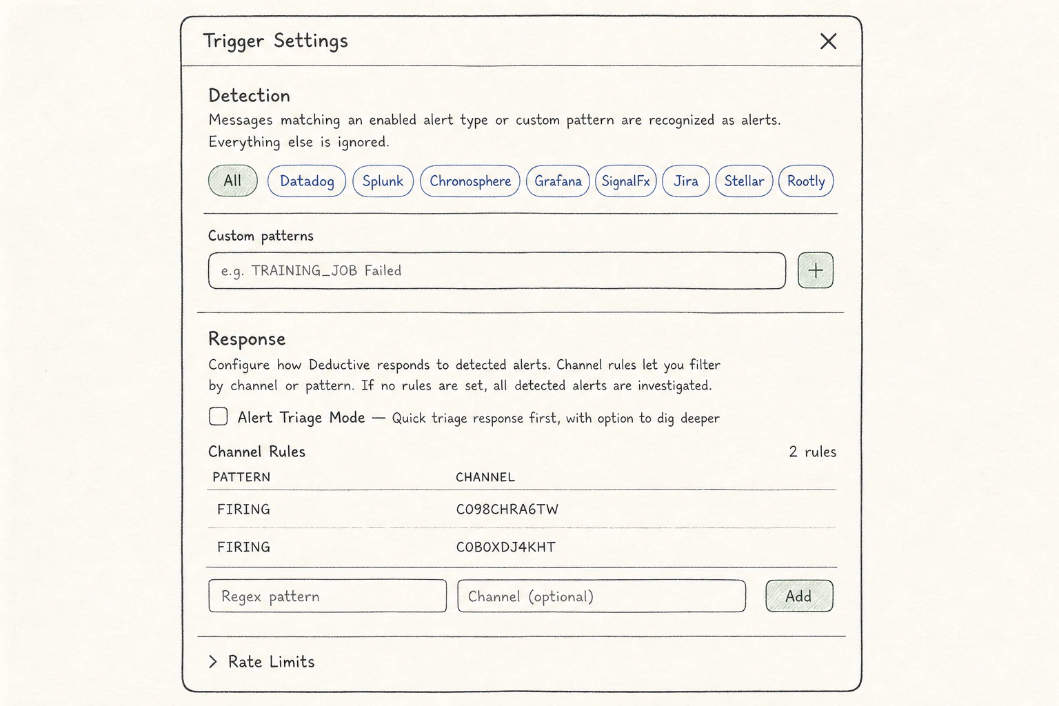 Slack integration settings popup with alert source toggles
