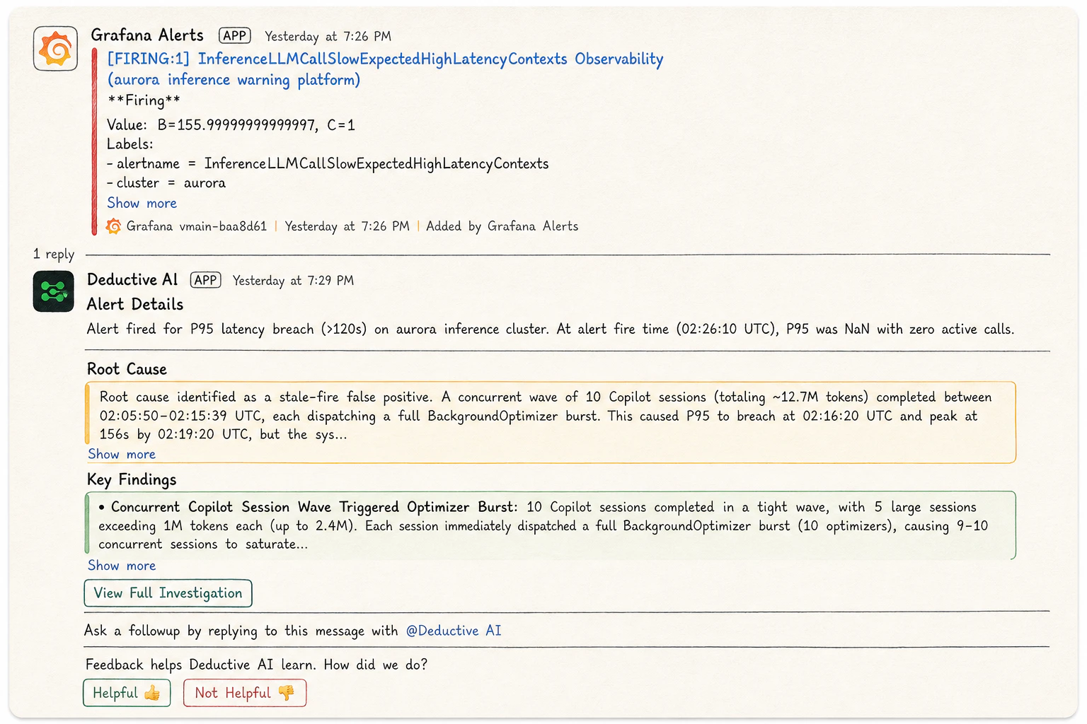 Replying in an alert thread continues the investigation