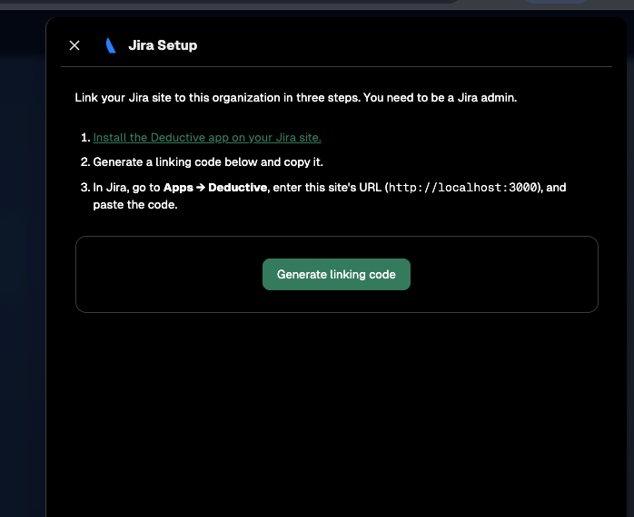 Deductive Jira Setup dialog showing the three linking steps and the Generate linking code button
