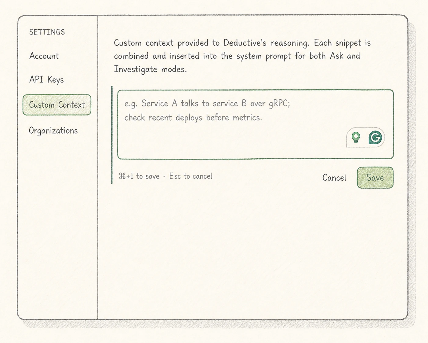 Custom context modal listing snippets like service ownership, naming conventions, and triage preferences