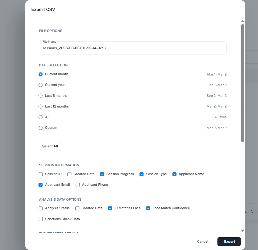 Export CSV dialog with date selection and field options