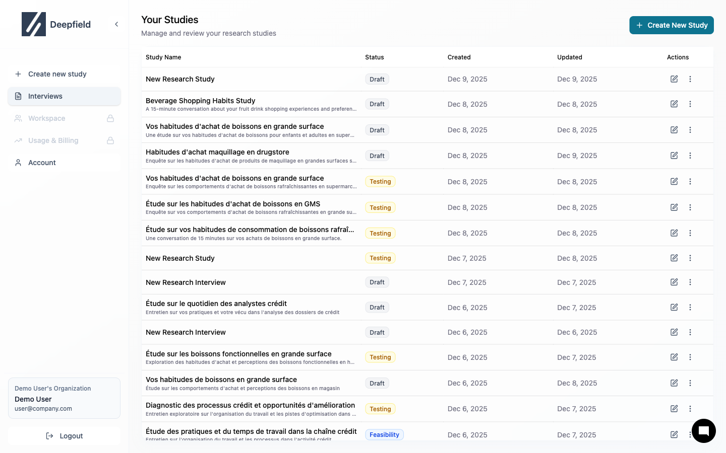 Create New Study Button