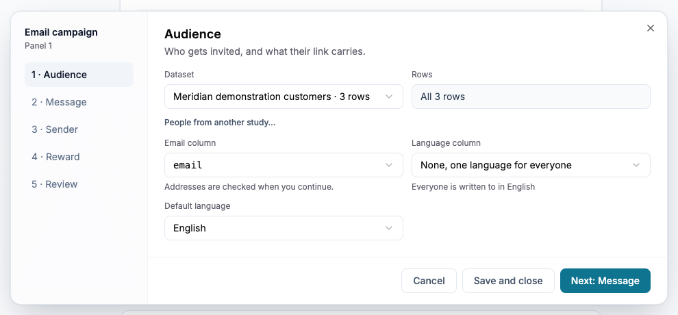Choose the dataset, email column and recipient language before writing messages.