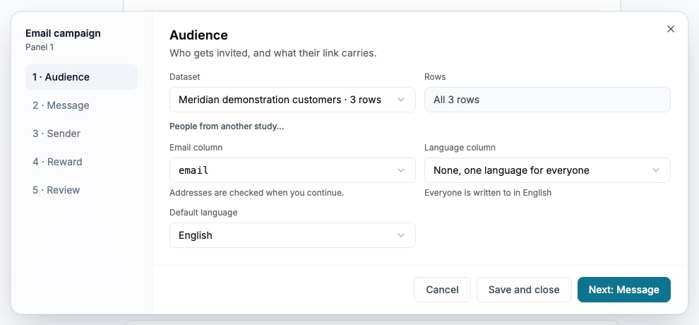 Choose the dataset, email column and recipient language before writing messages.