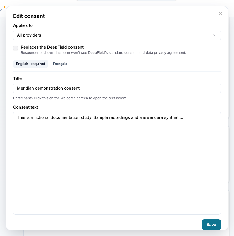 Check the provider, standard-consent replacement and wording in each language before saving.