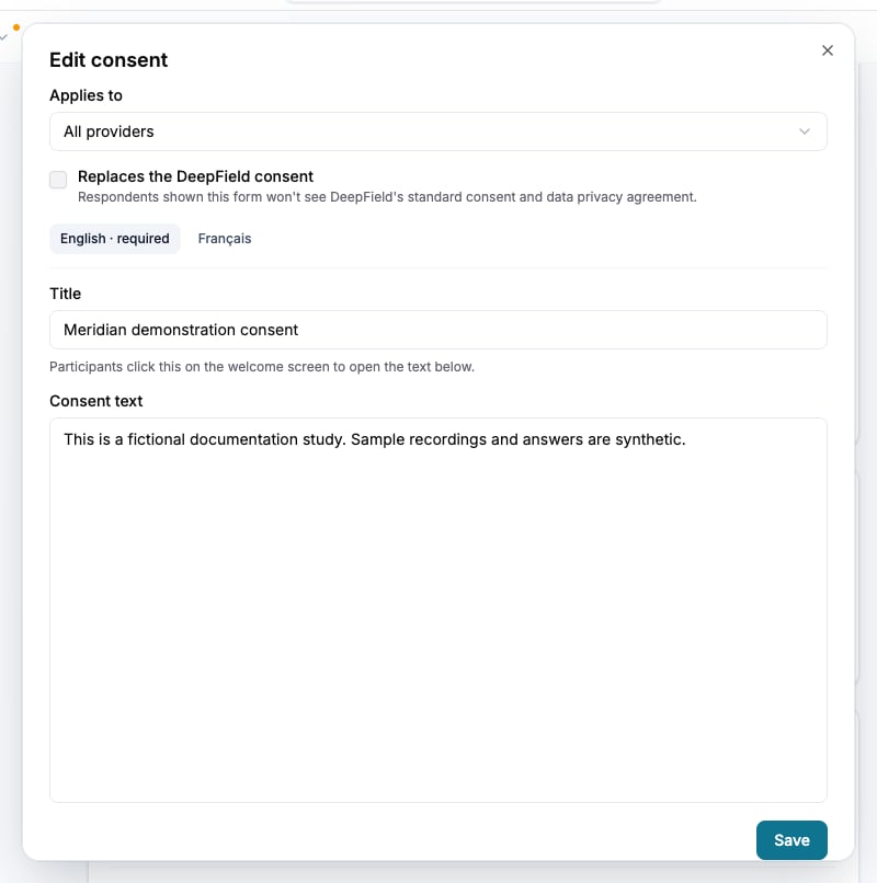Check the provider, standard-consent replacement and wording in each language before saving.