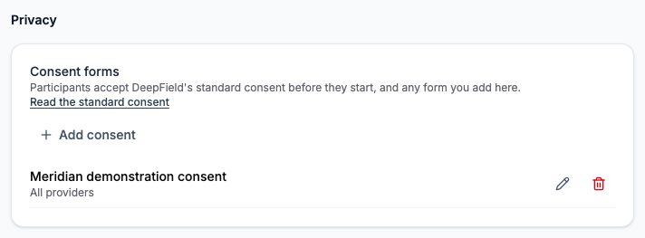 Privacy gives access to the standard consent and the study’s additional forms.