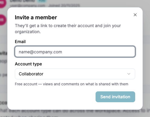 Invite member dialog with email and account-type fields
