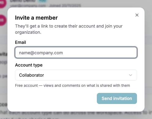 Invite member dialog with email and account-type fields