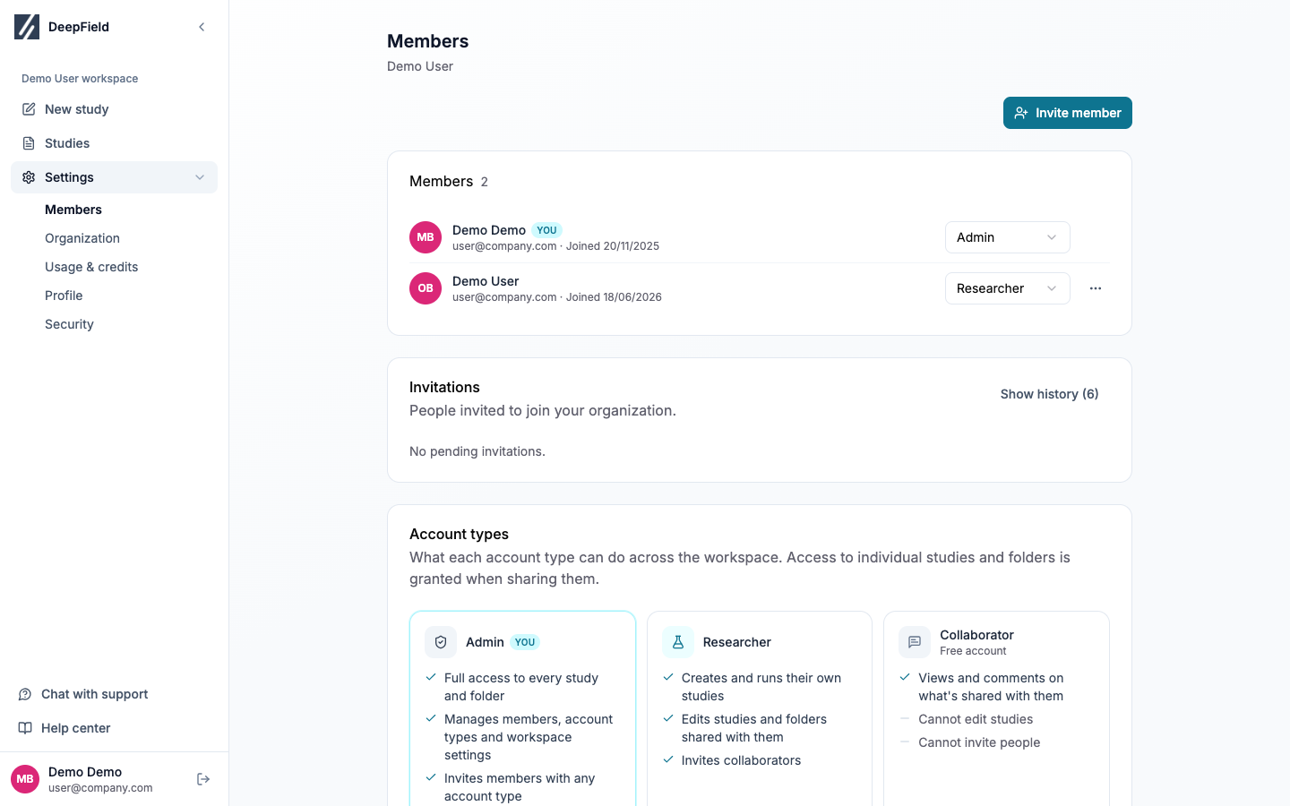 Workspace Members page with member rows and account-type controls