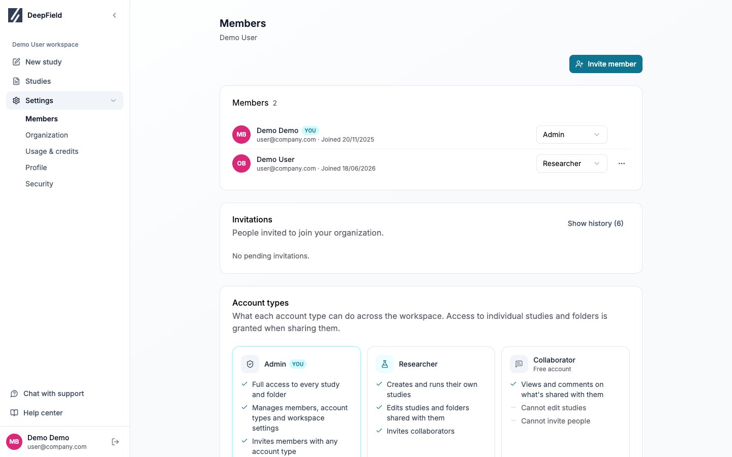 Workspace Members page with member rows and account-type controls
