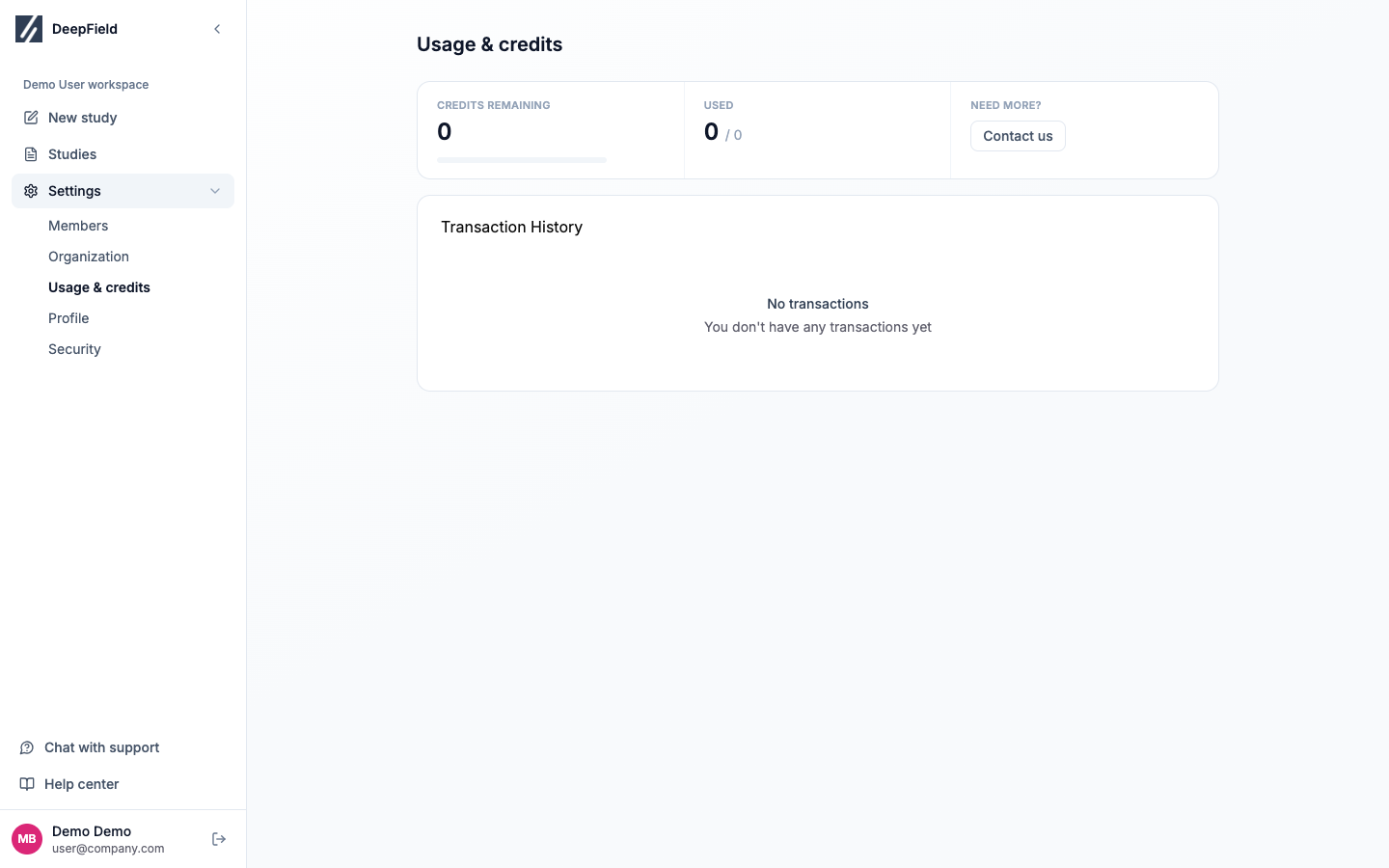 Usage and credits page with credits remaining, credits used, and transaction history