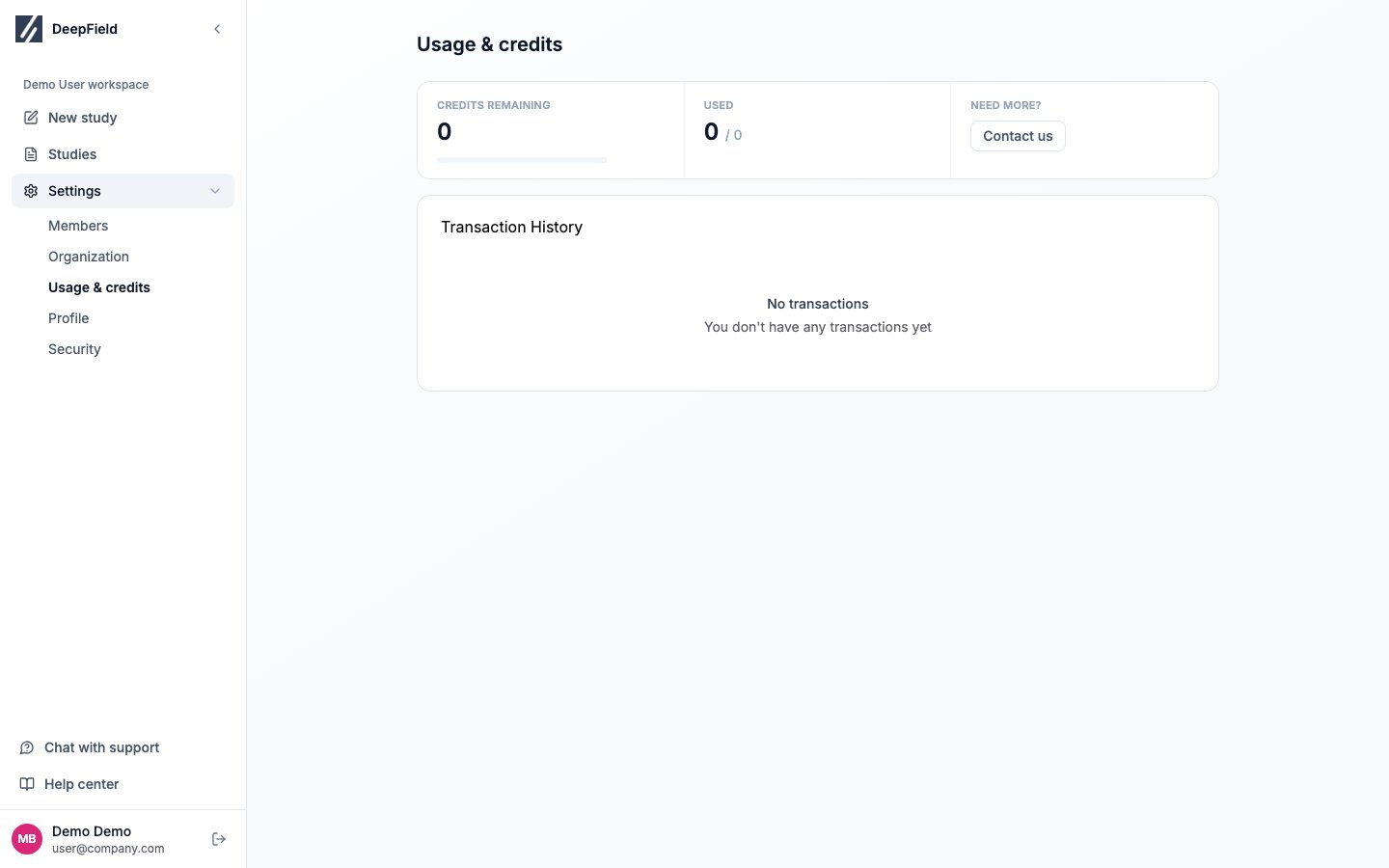 Usage and credits page with credits remaining, credits used, and transaction history