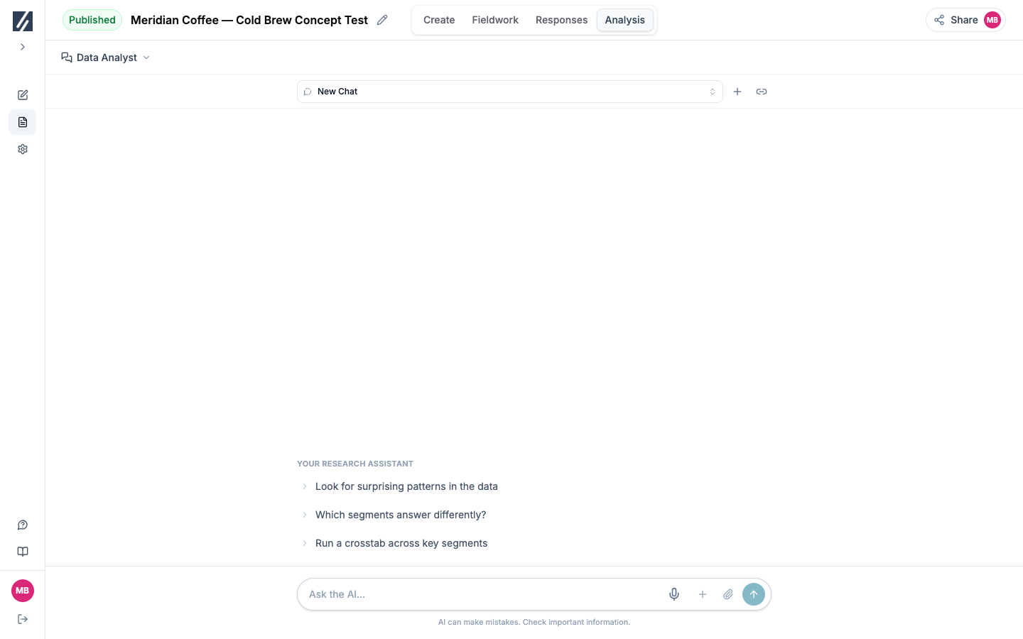 Data Analyst view with research-assistant starter prompts and the message composer
