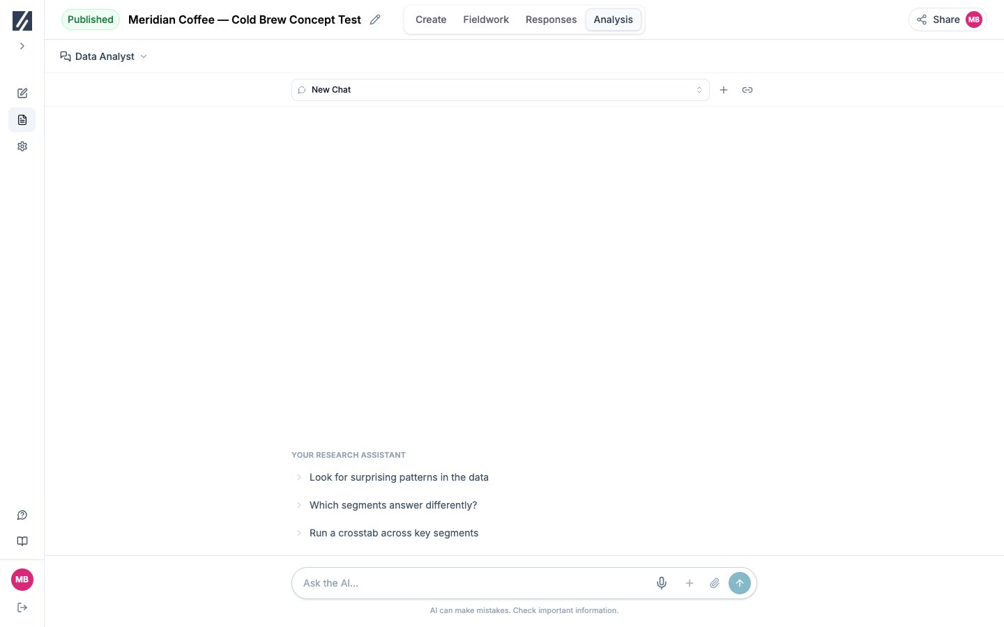 Data Analyst view with research-assistant starter prompts and the message composer