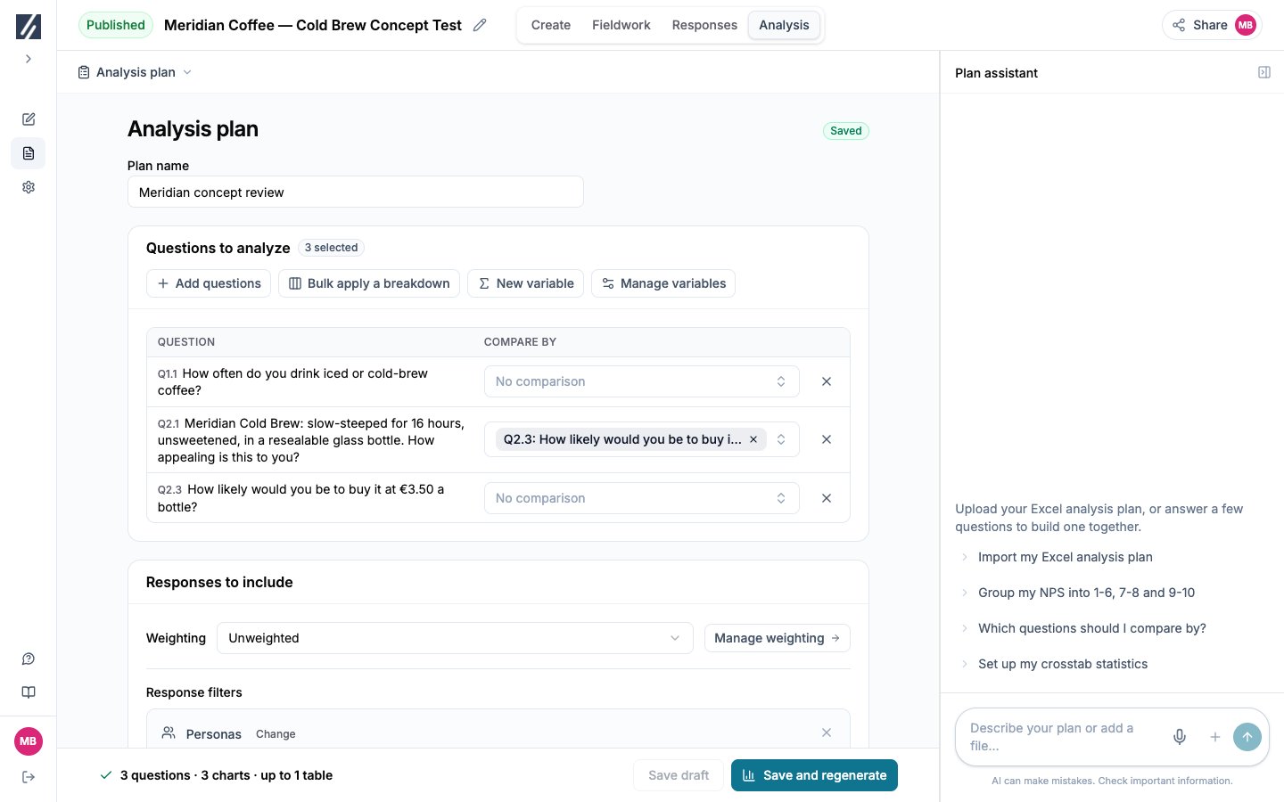 Choose questions and comparisons before generating.
