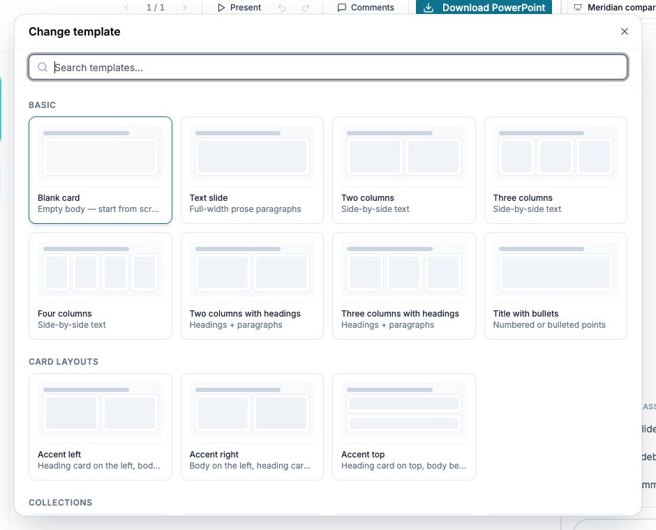 Pick a layout dialog with searchable slide templates