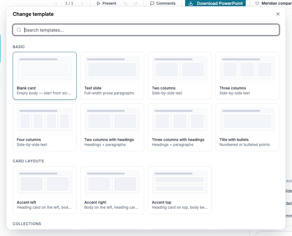 Pick a layout dialog with searchable slide templates