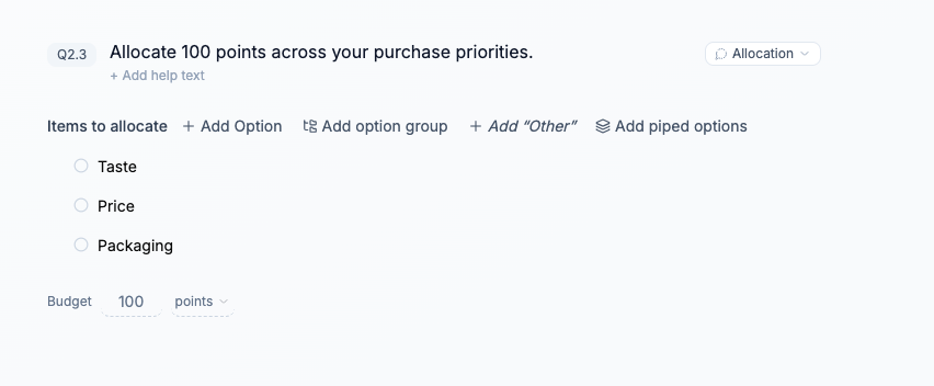 Allocation settings showing Taste, Price, Packaging, and a 100-point budget