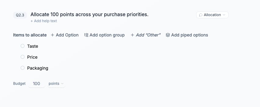 Allocation settings showing Taste, Price, Packaging, and a 100-point budget