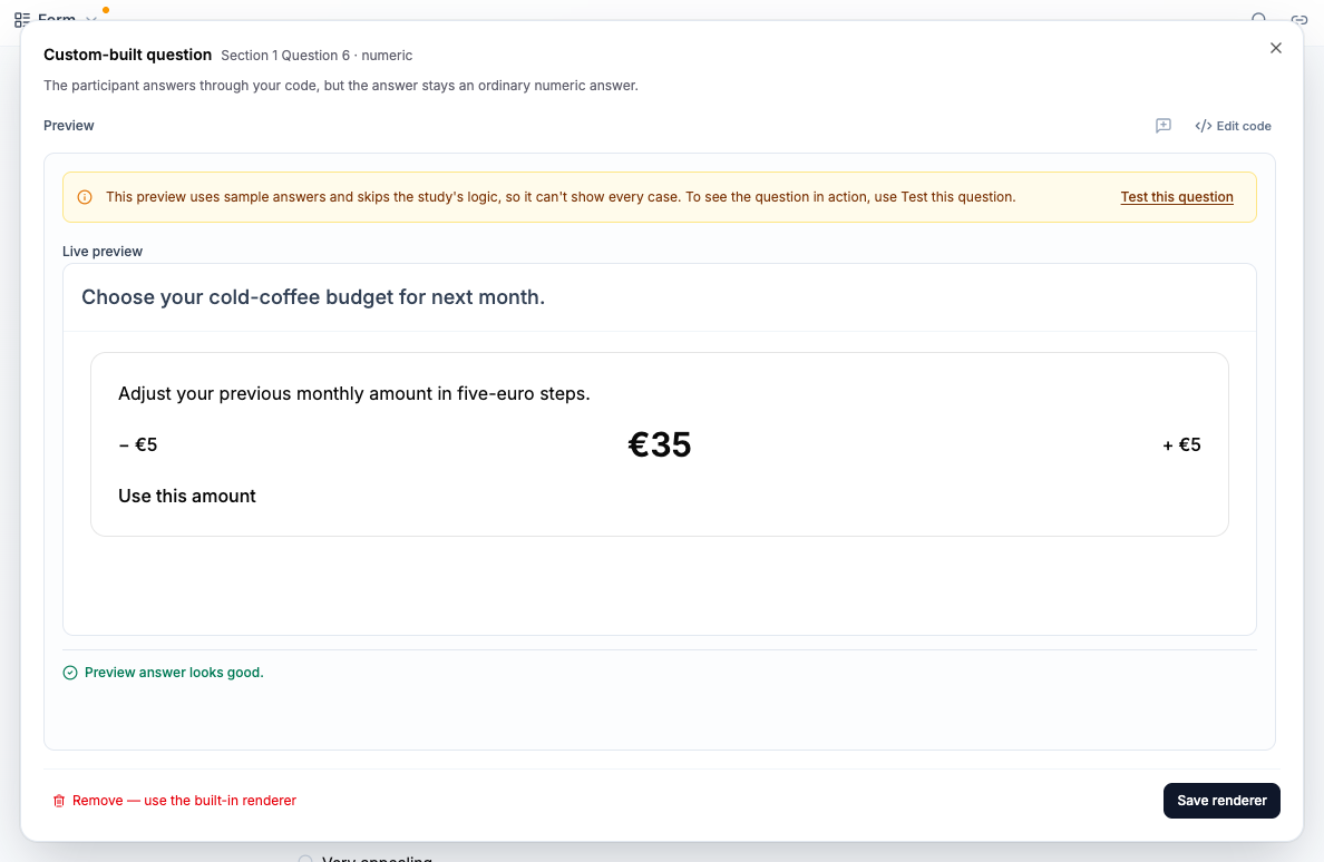 Custom budget preview at 35 euros with the green Preview answer looks good status