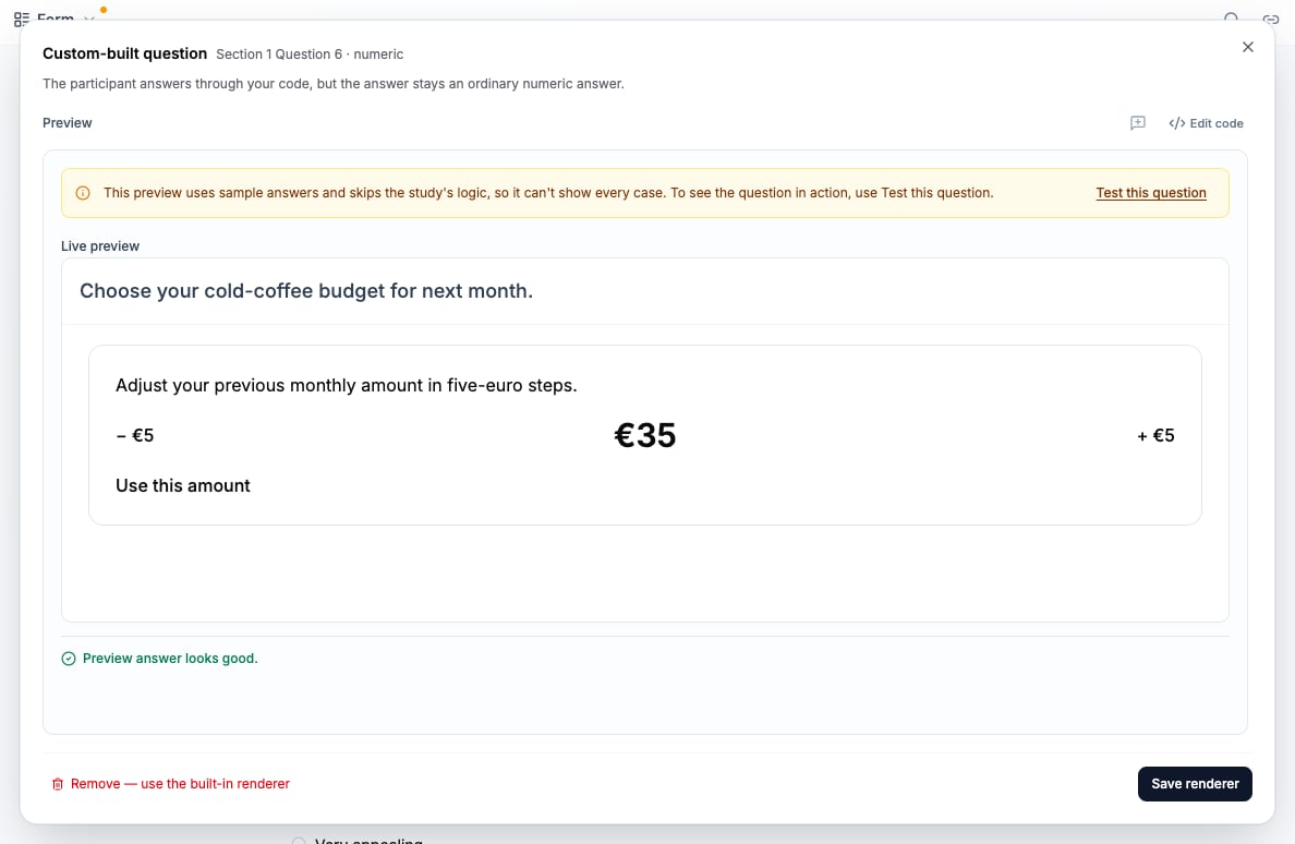 Custom budget preview at 35 euros with the green Preview answer looks good status