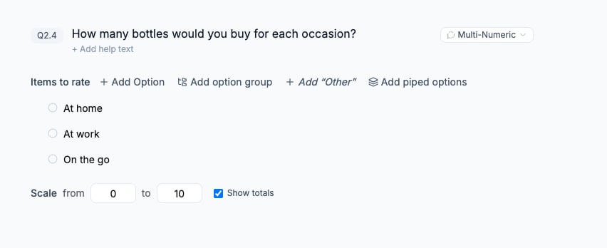 Multi-Numeric question with three occasions, limits of zero and ten, and Show totals selected