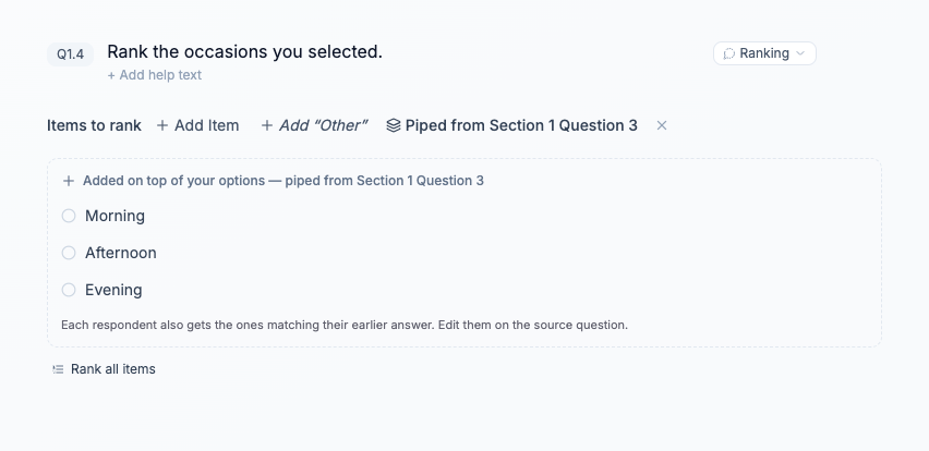 Ranking card with the earlier question selected as its piped-options source